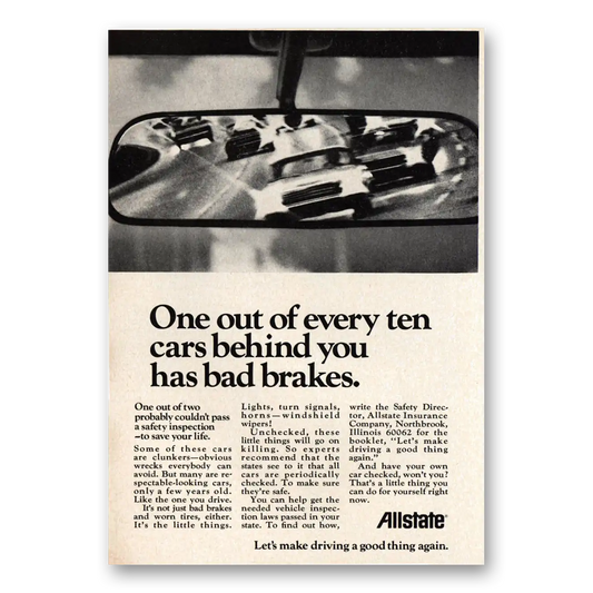 1971 Allstate Insurance One Out of Every Ten Cars Bad Brakes Vintage Magazine Print Ad