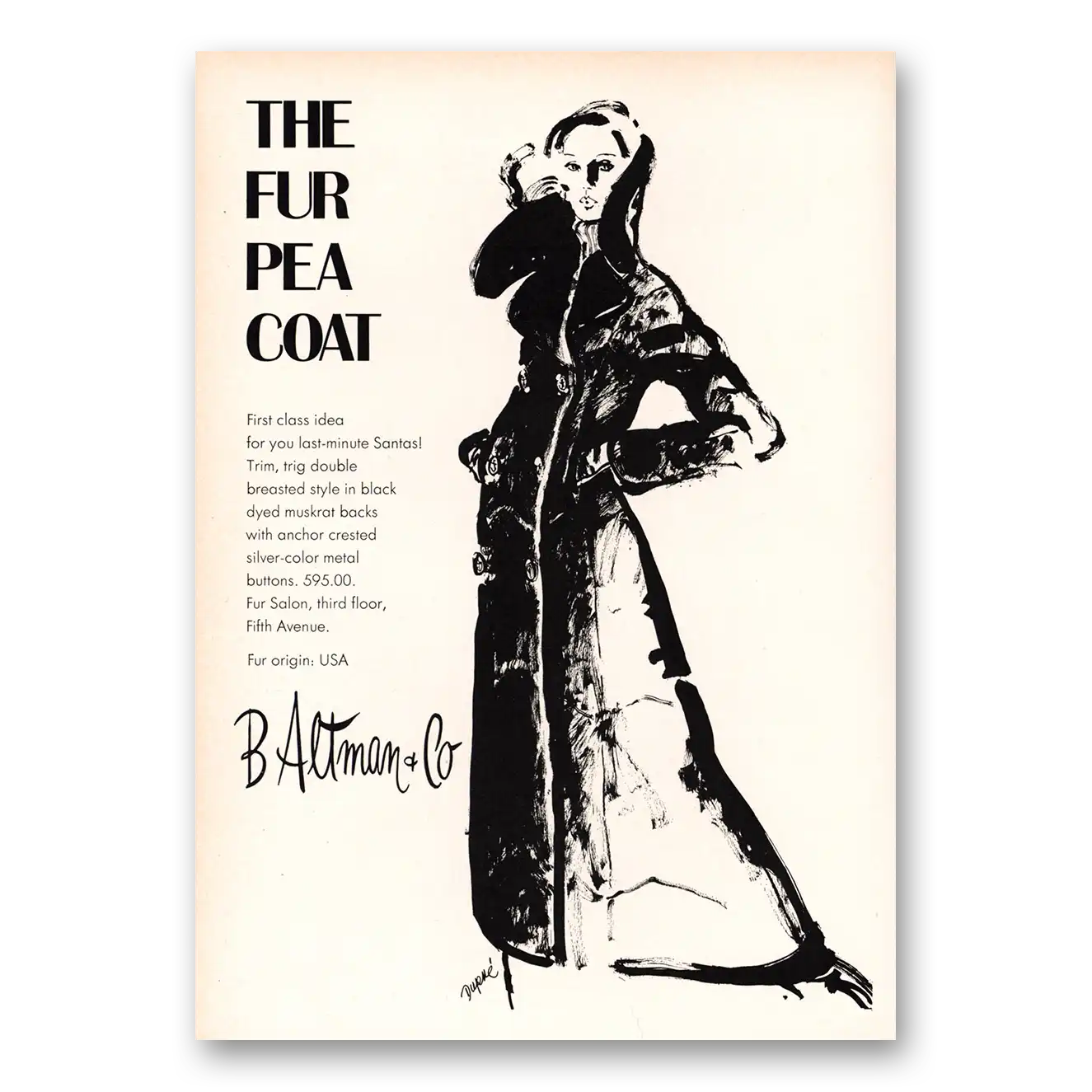 1971 B Altman Fur Pea Coat Vintage Magazine Print Ad