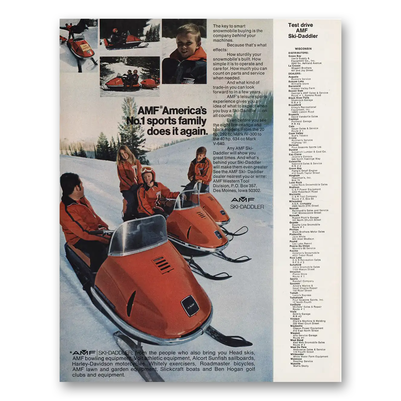 1971 AMF Ski Daddler Snowmobile Family Does It Again Vintage Magazine Print Ad