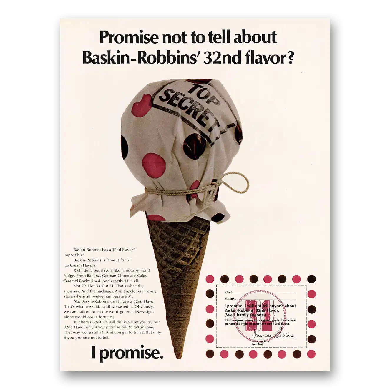 1971 Baskin Robbins Promise Not To Tell 32nd Flavor Vintage Magazine Print Ad