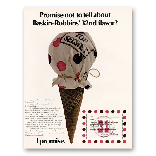 1971 Baskin Robbins Promise Not To Tell 32nd Flavor Vintage Magazine Print Ad