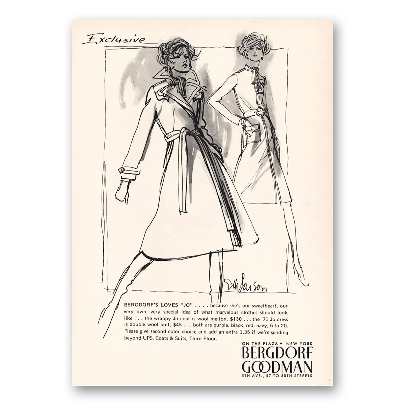 1971 Bergdorf Goodman Bergdorfs Loves Jo Vintage Magazine Print Ad