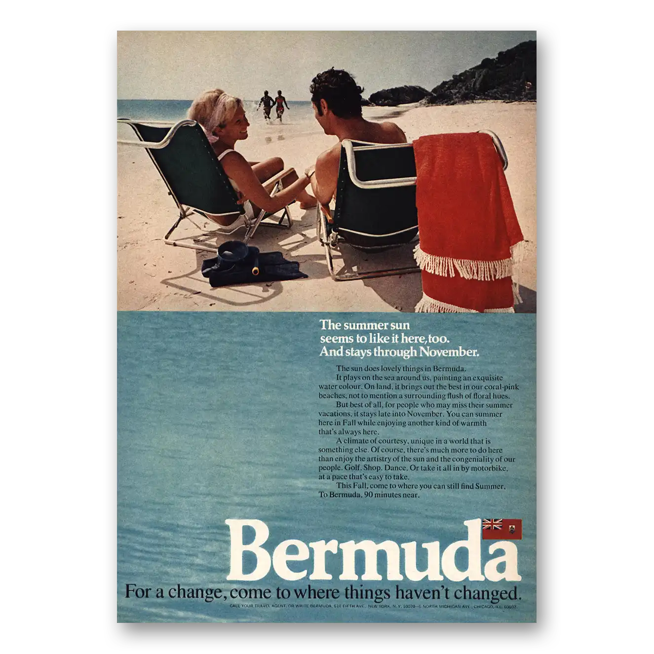 1971 Bermuda Summer Sun Seems to Like It Here Vintage Magazine Print Ad