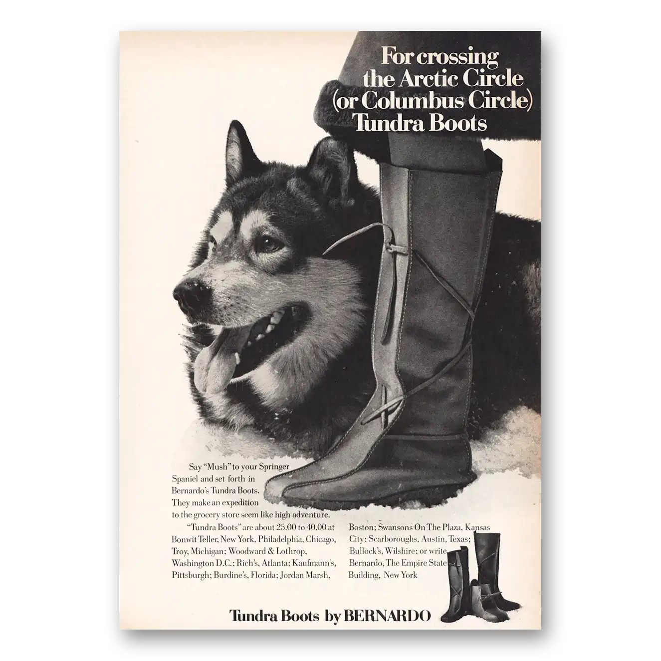 1971 Bernardo Tundra Boots Crossing Arctic Circle Vintage Magazine Print Ad