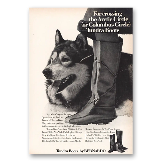 1971 Bernardo Tundra Boots Crossing Arctic Circle Vintage Magazine Print Ad