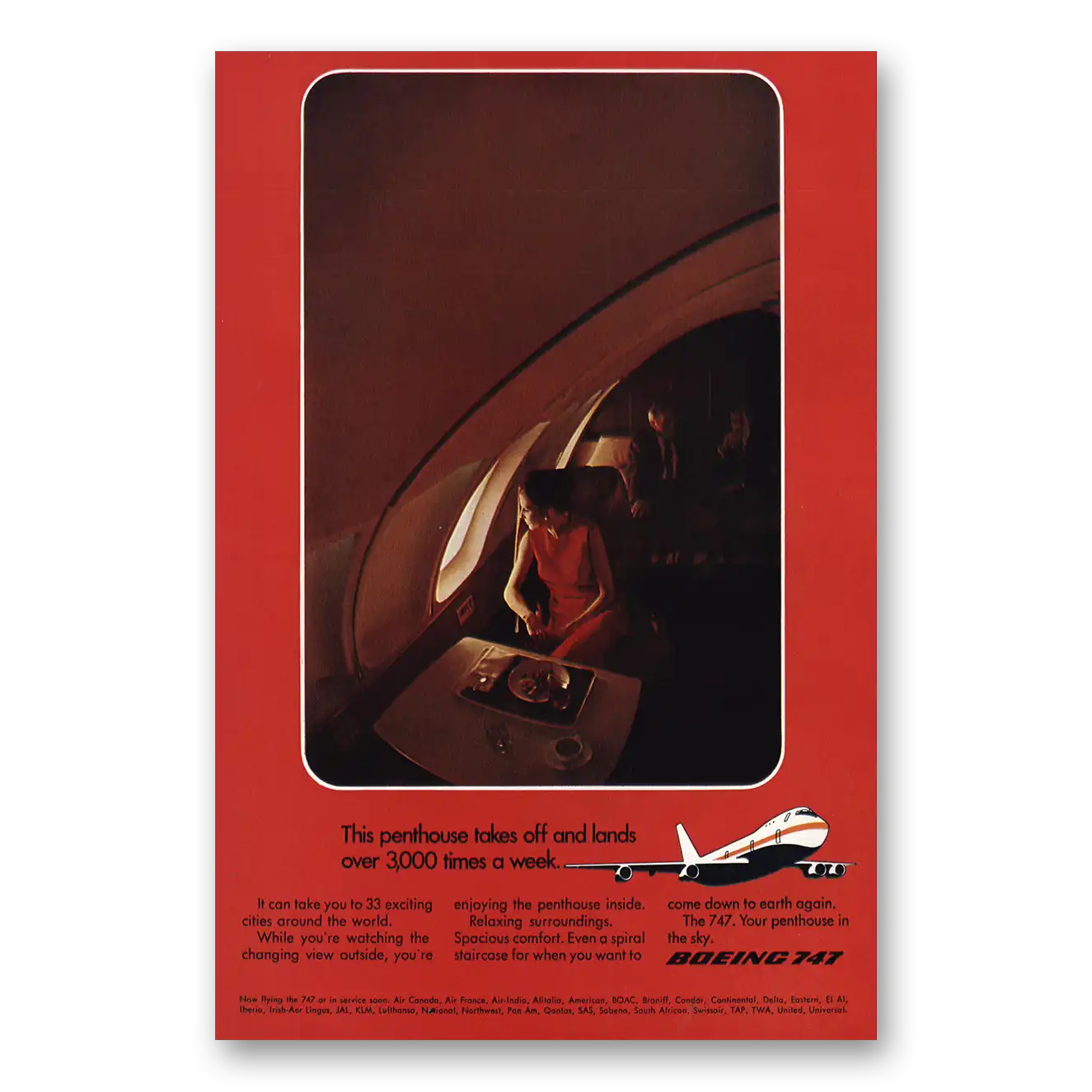 1971 Boeing 747 Penthouse Takes Off and Lands Over 3000 Times a Week Vintage Magazine Print Ad