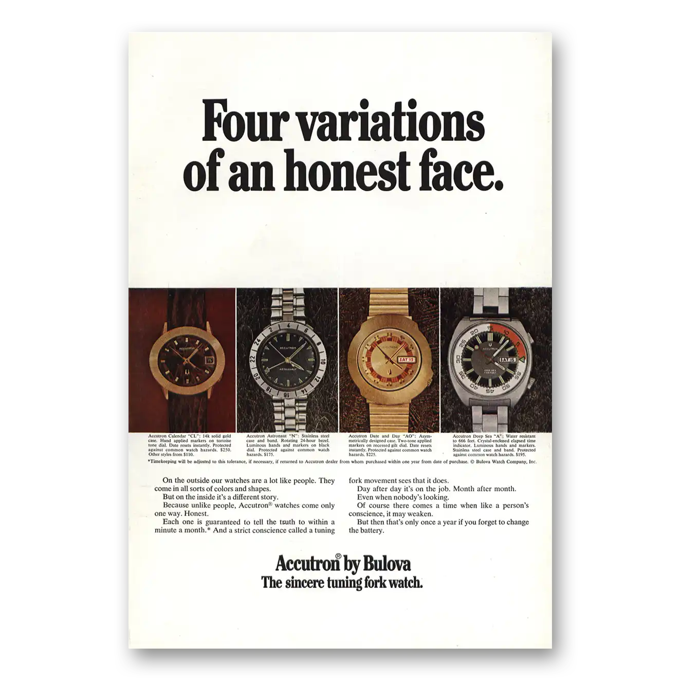 1971 Accutron Watch Four Variations Honest Face Vintage Magazine Print Ad