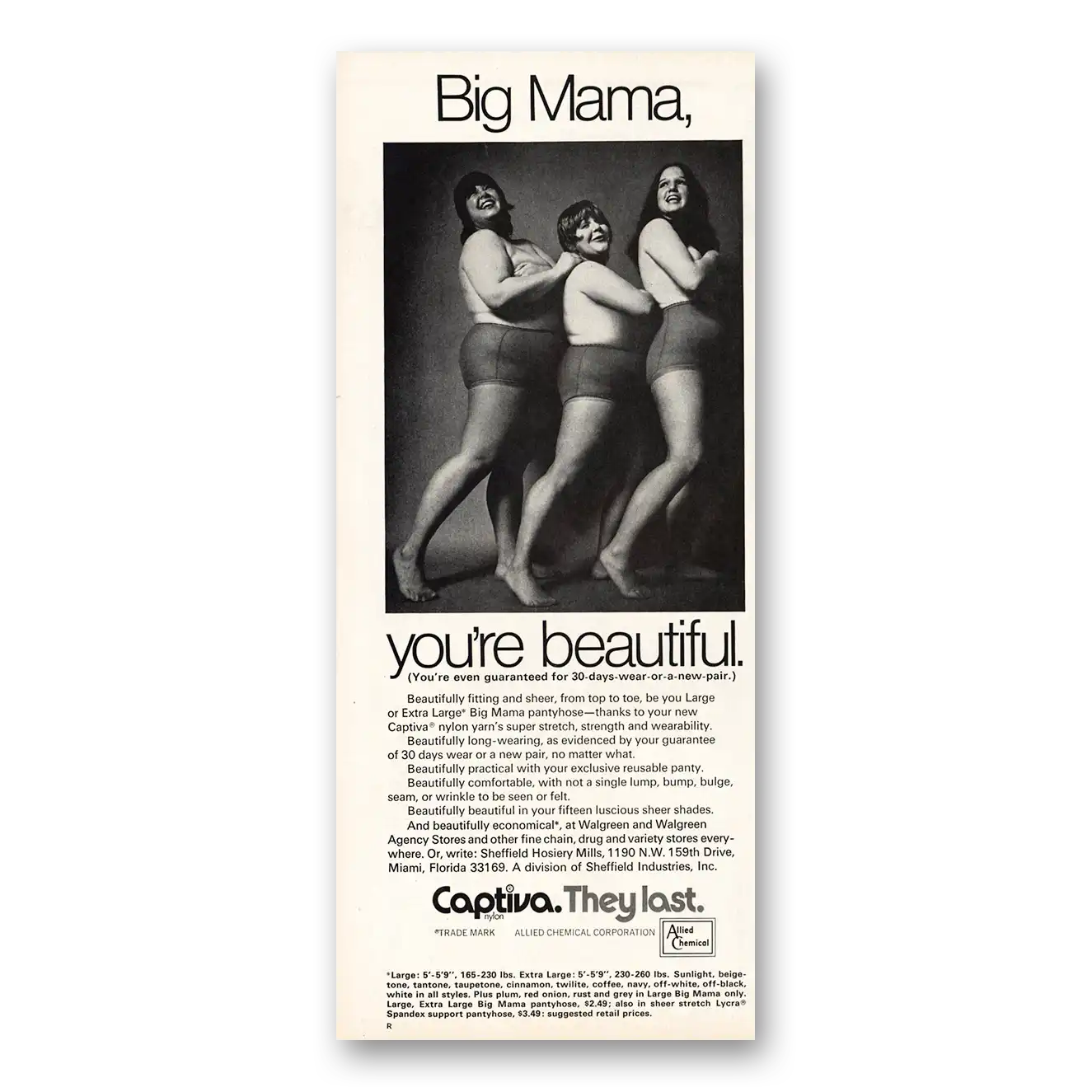 1971 Captiva Nylons Big Mama You're Beautiful Vintage Magazine Print Ad