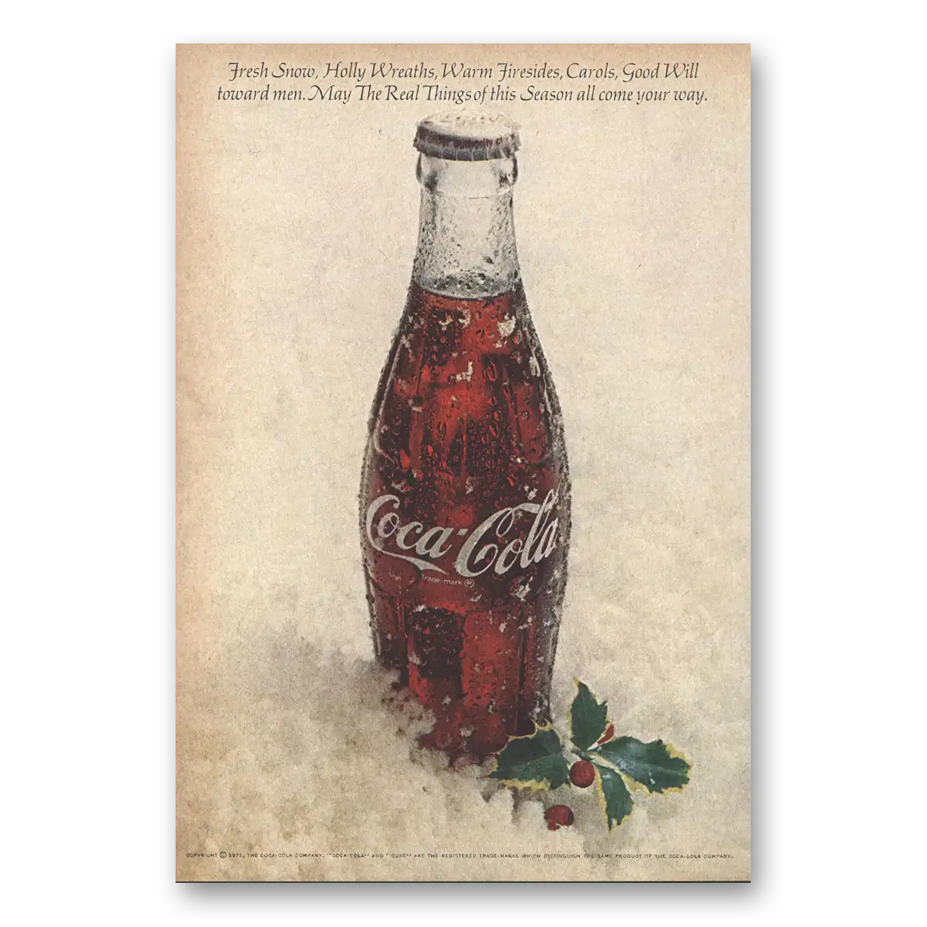 1971 Coca Cola Fresh Snow Holly Wreaths Vintage Magazine Print Ad