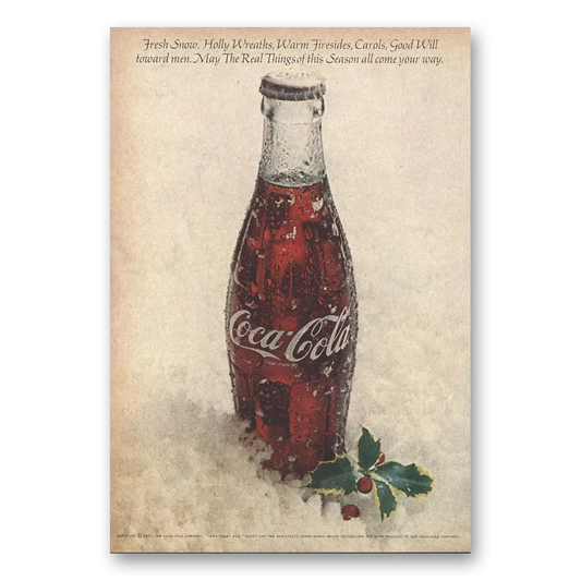 1971 Coca Cola Fresh Snow Holly Wreaths Vintage Magazine Print Ad