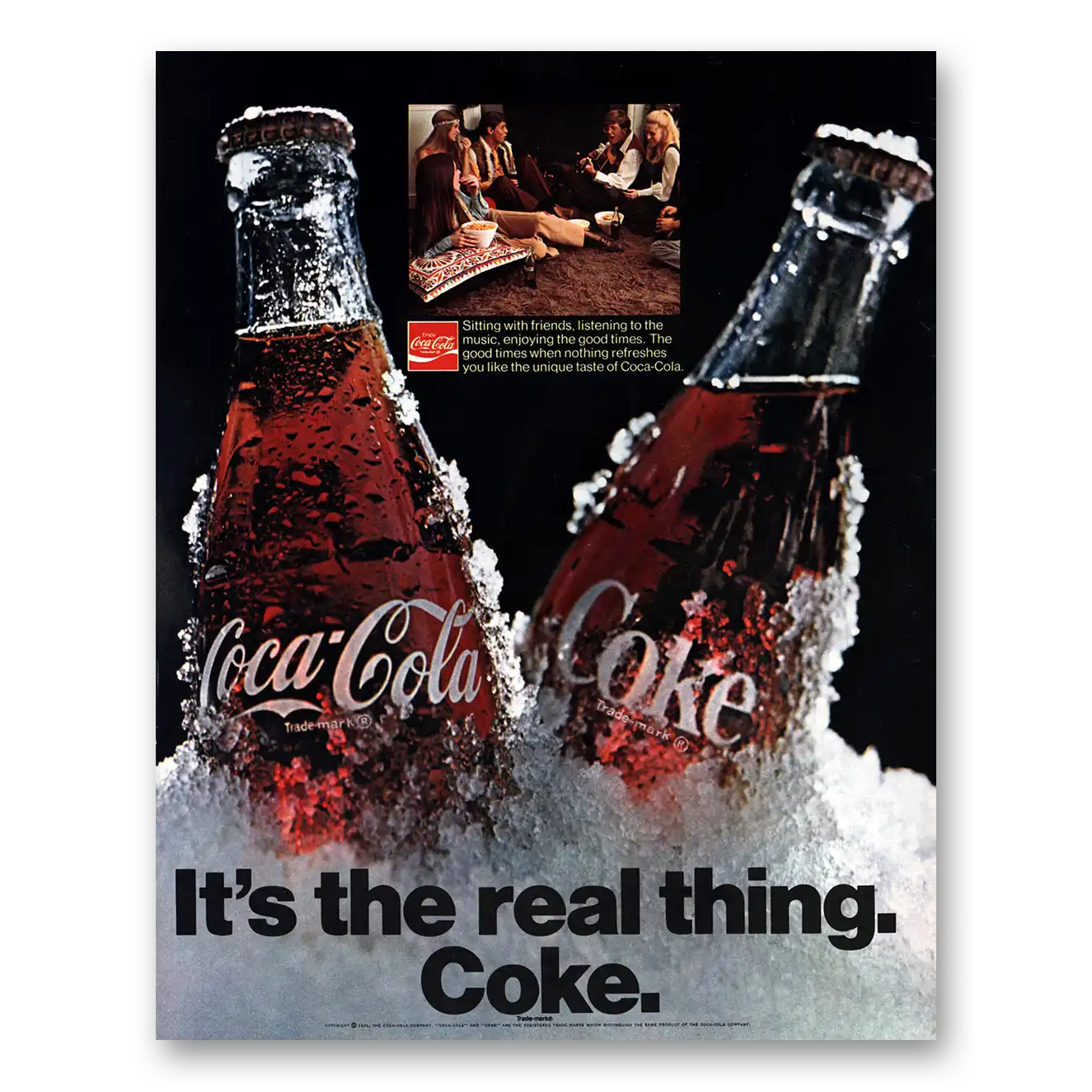 1971 Coca Cola Sitting With Friends Listening to Music Vintage Magazine Print Ad