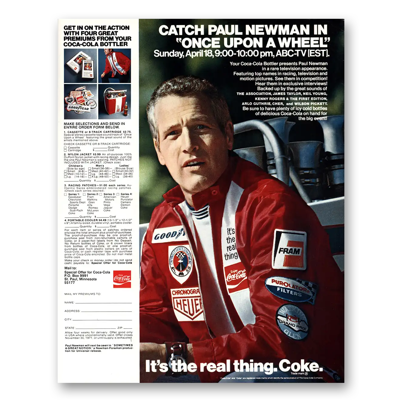 1971 Coca Cola Paul Newman In Once Upon a Wheel Vintage Magazine Print Ad