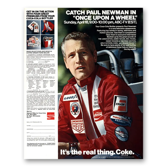 1971 Coca Cola Paul Newman In Once Upon a Wheel Vintage Magazine Print Ad