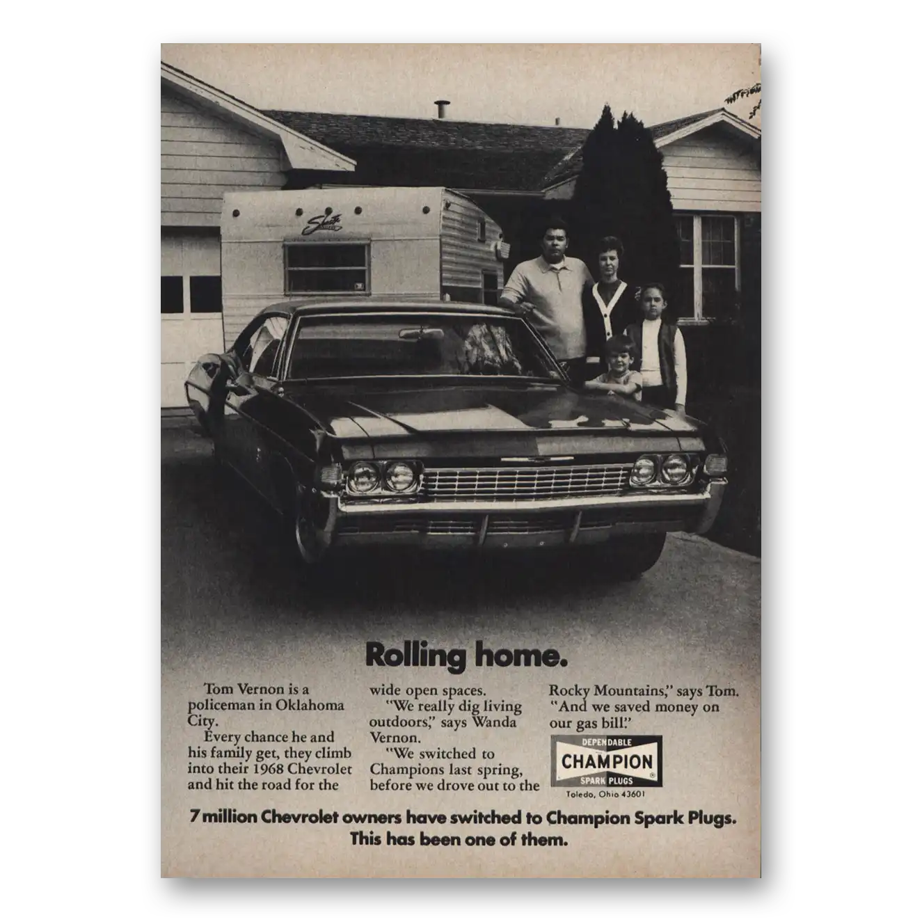 1971 Champion Spark Plugs Rolling Home Vintage Magazine Print Ad