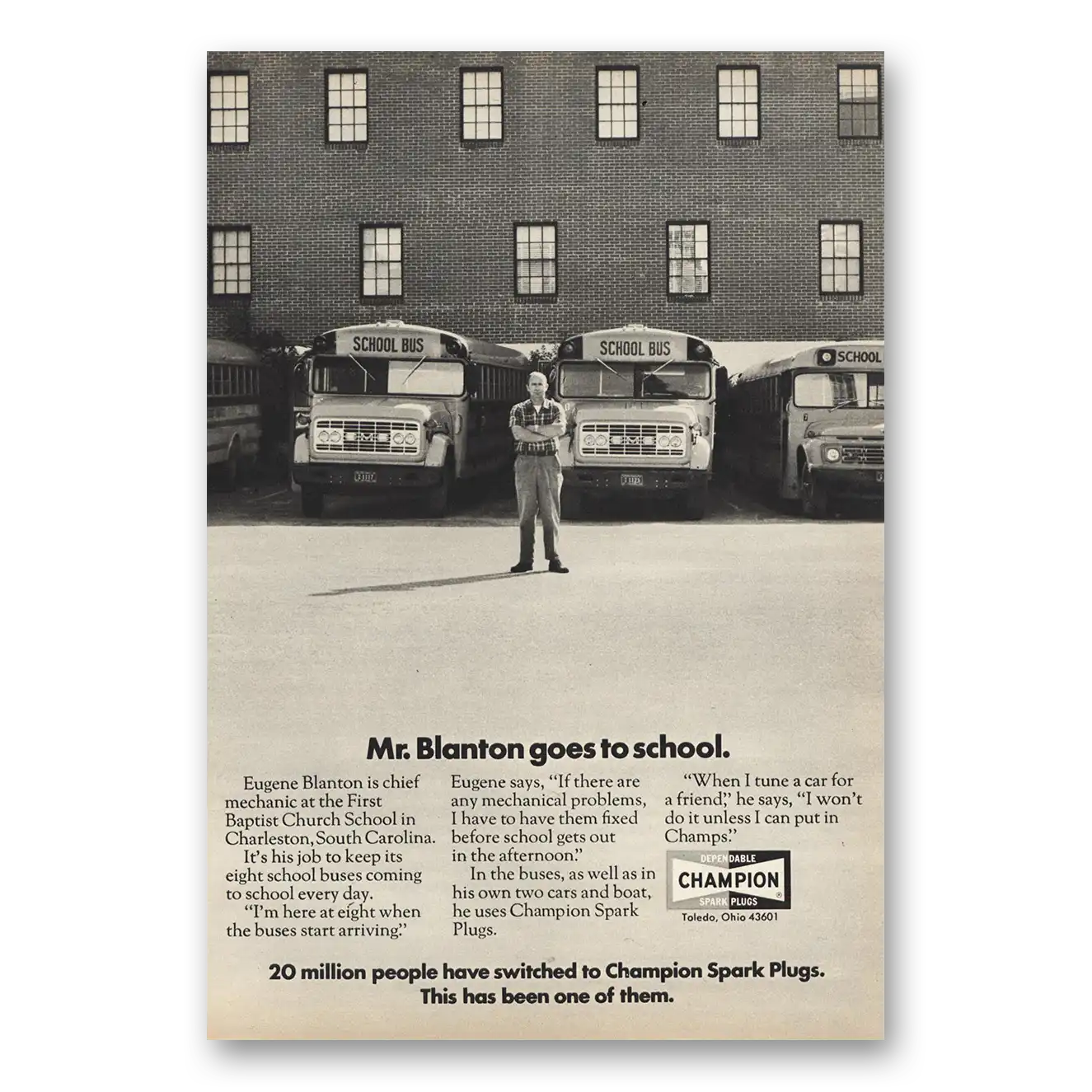 1971 Champion Spark Plugs Mr  Blanton Goes to School Vintage Magazine Print Ad