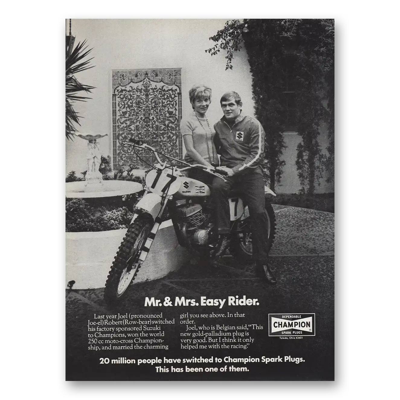 1971 Champion Spark Plugs Mr and Mrs Easy Rider Vintage Magazine Print Ad