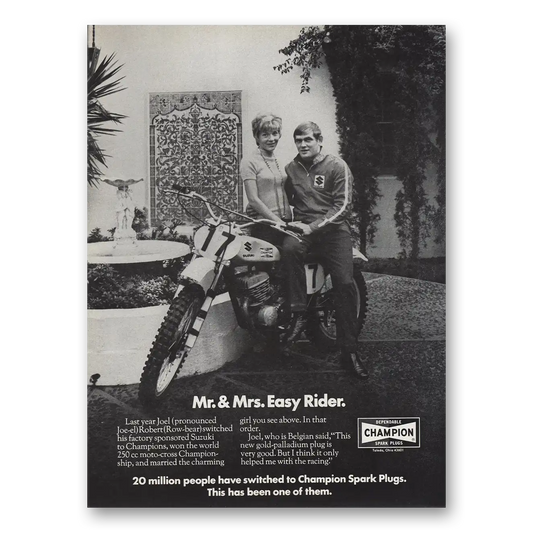 1971 Champion Spark Plugs Mr and Mrs Easy Rider Vintage Magazine Print Ad