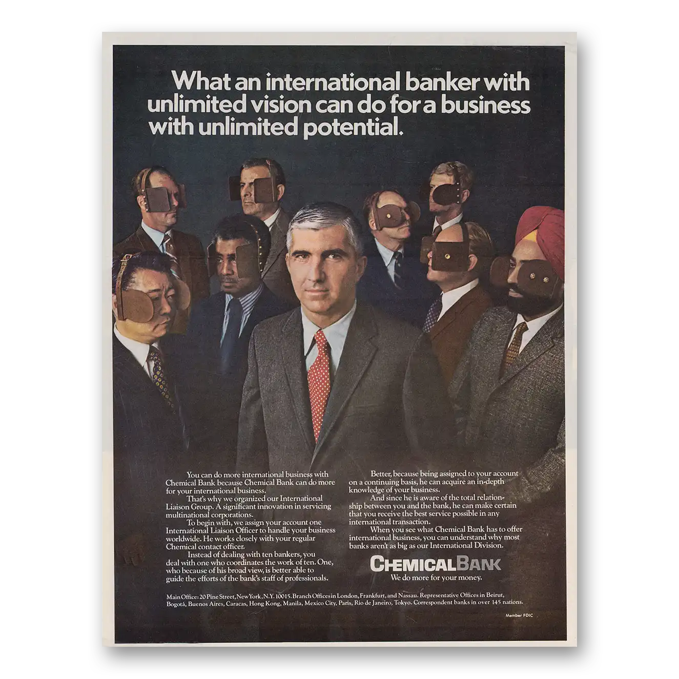 1971 Chemical Bank International Banker with Unlimited Vision Vintage Magazine Print Ad