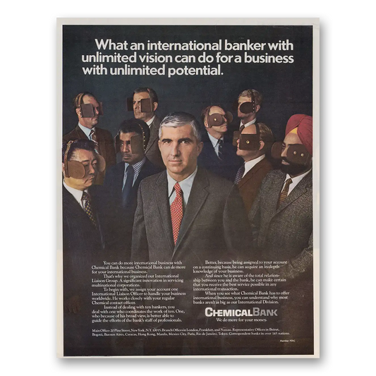 1971 Chemical Bank International Banker with Unlimited Vision Vintage Magazine Print Ad