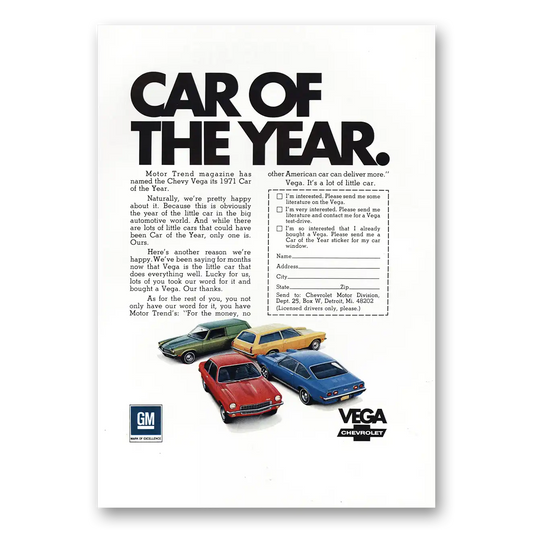 1971 Chevrolet Vega Car of the Year Vintage Magazine Print Ad