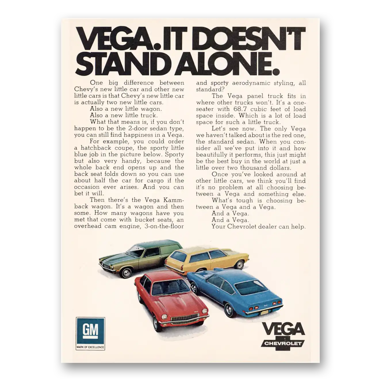 1971 Chevrolet Vega Doesn't Stand Alone Vintage Magazine Print Ad