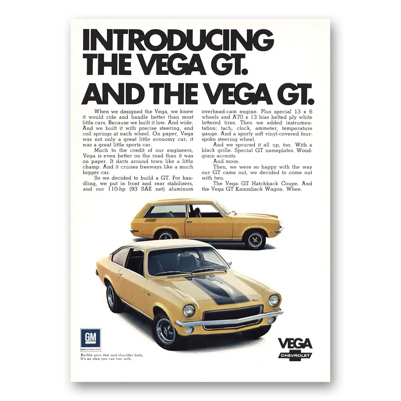 1971 Chevrolet Vega Introducing Vega VT and Vega GT Vintage Magazine Print Ad