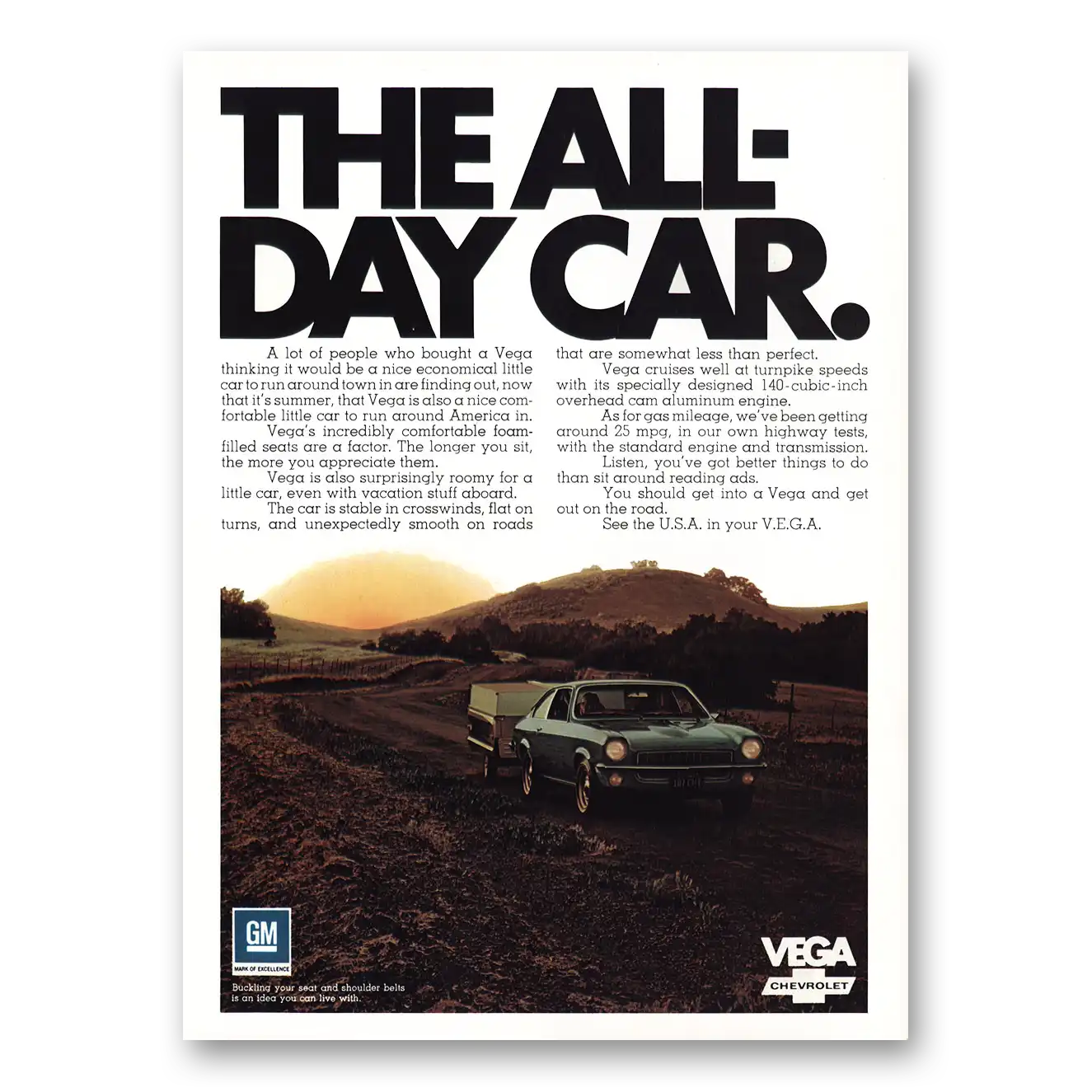 1970 Chevrolet Vega All Day Car Vintage Magazine Print Ad