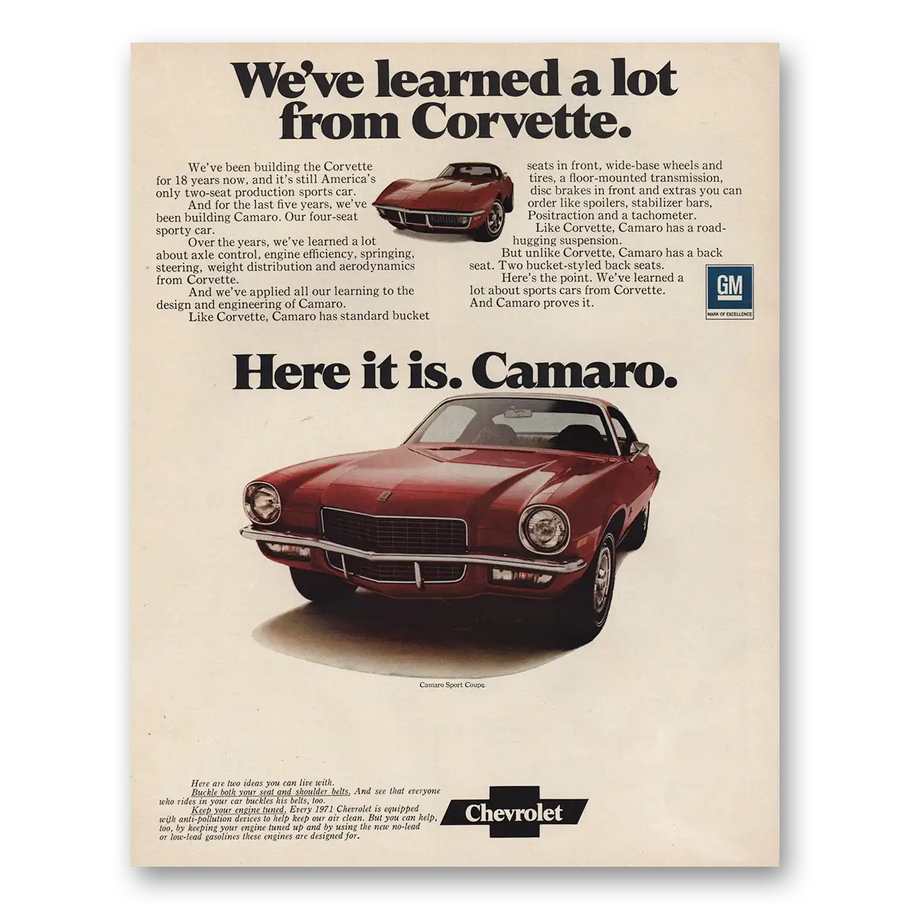 1971 Chevrolet Camaro Learned a Lot From Corvette Vintage Magazine Print Ad