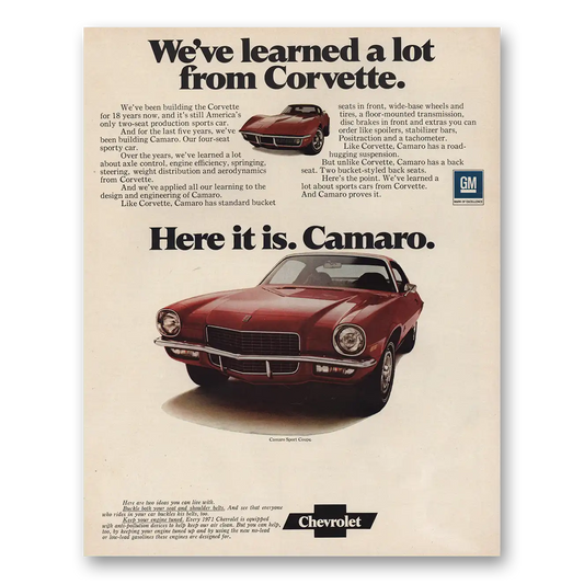 1971 Chevrolet Camaro Learned a Lot From Corvette Vintage Magazine Print Ad