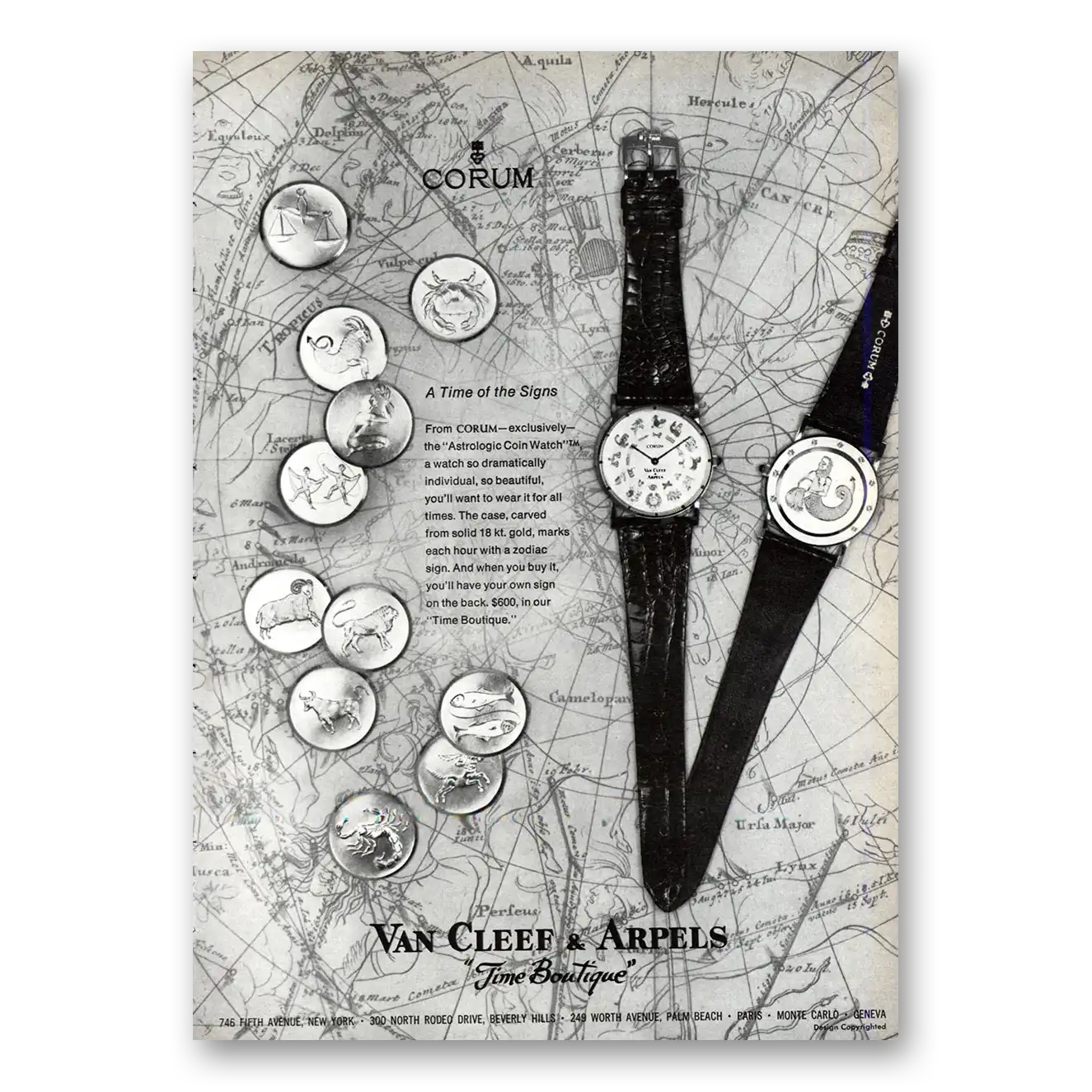 1971 Van Cleef & Arpels Watches Corum Astrologic Coin Watch Time of the Signs Vintage Magazine Print Ad