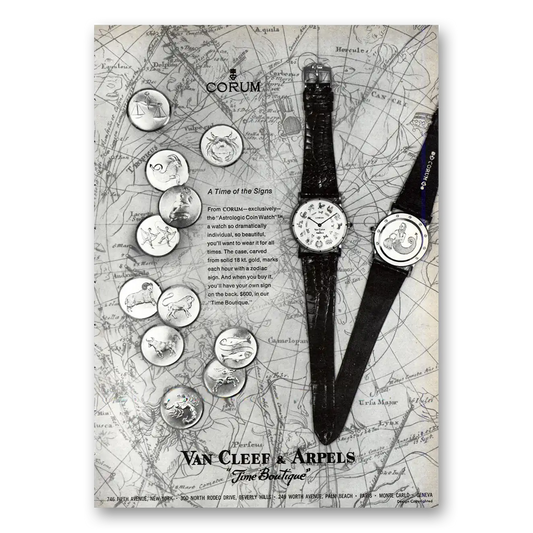 1971 Van Cleef & Arpels Watches Corum Astrologic Coin Watch Time of the Signs Vintage Magazine Print Ad