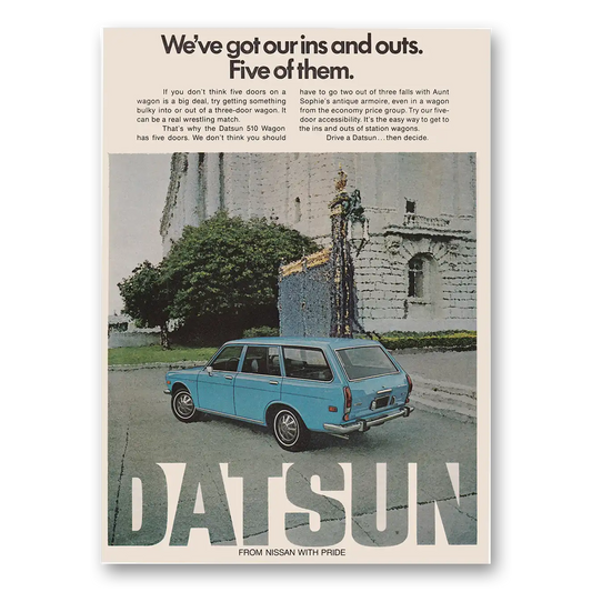 1970 Datsun Wagons We've Got Our Ins and Outs Five of Them Vintage Magazine Print Ad