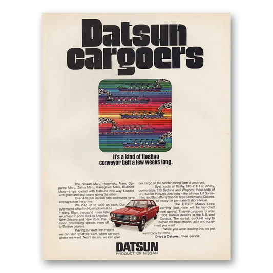 1971 Datsun Kind of Floating Conveyor Belt Vintage Magazine Print Ad