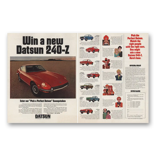 1971 Datsun 240Z Pick a Perfect Datsun Sweepstakes Vintage Magazine Print Ad