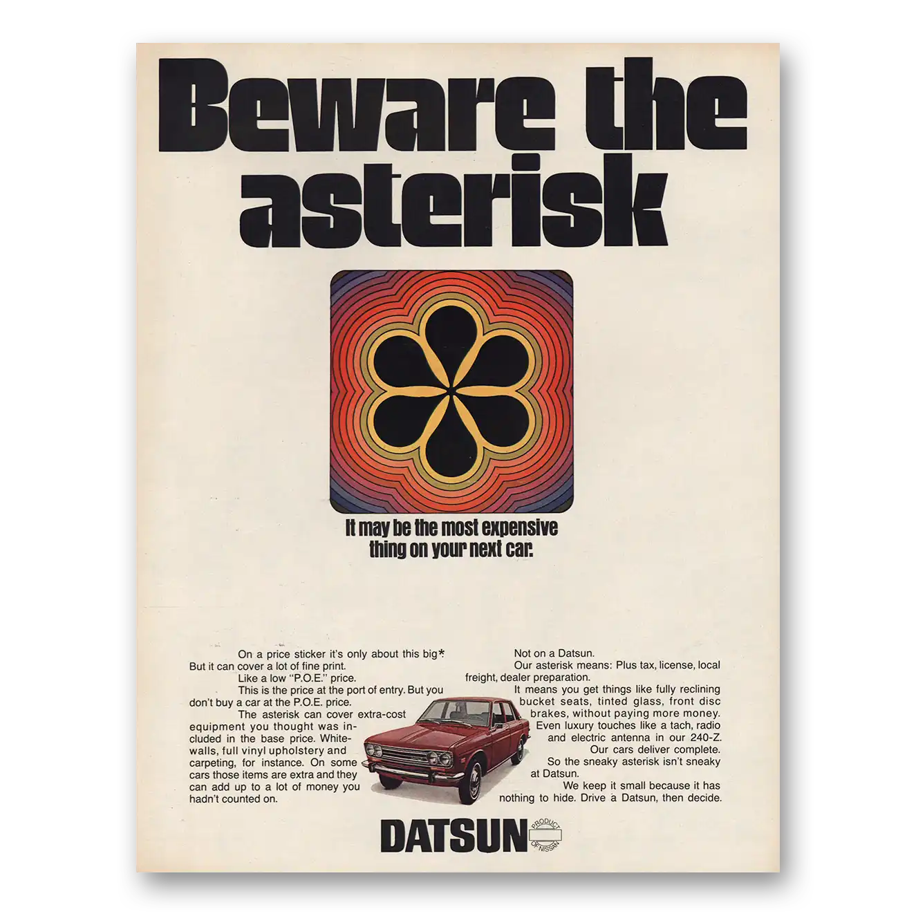 1971 Datsun Beware the Asterisk Vintage Magazine Print Ad