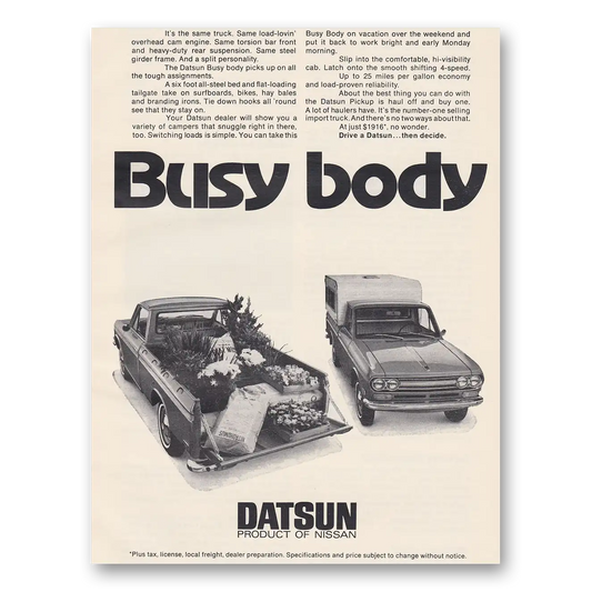 1971 Datsun Pickup Truck Busy Body Vintage Magazine Print Ad