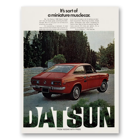 1971 Datsun 1200 Sort of Miniature Musclecar Vintage Magazine Print Ad