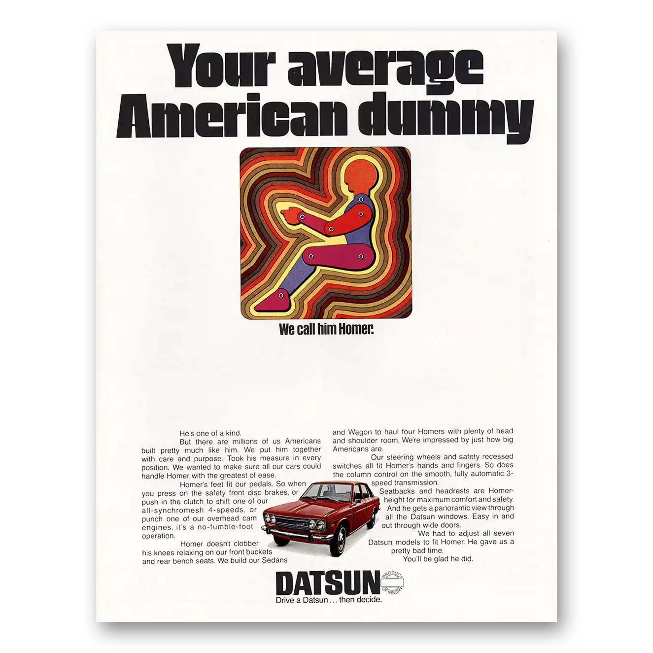 1971 Datsun Your Average American Dummy Vintage Magazine Print Ad