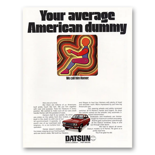 1971 Datsun Your Average American Dummy Vintage Magazine Print Ad