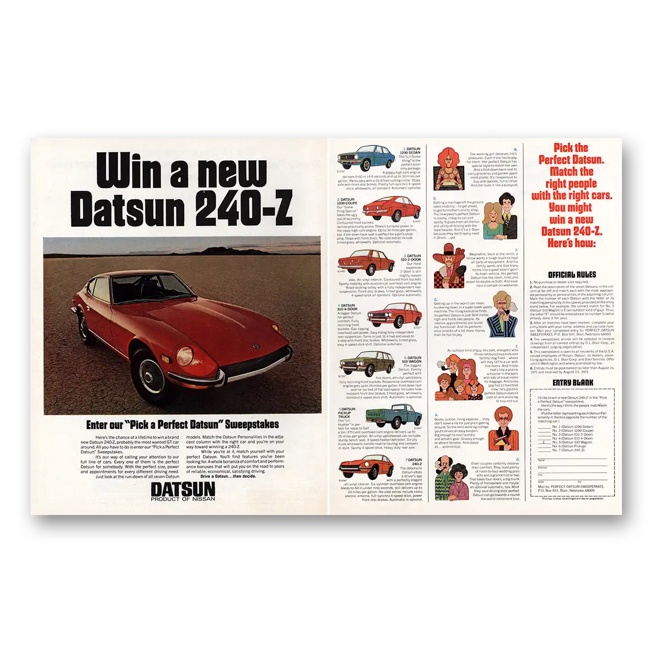 1971 Datsun 240Z Pick a Perfect Datsun Sweepstakes Vintage Magazine Print Ad