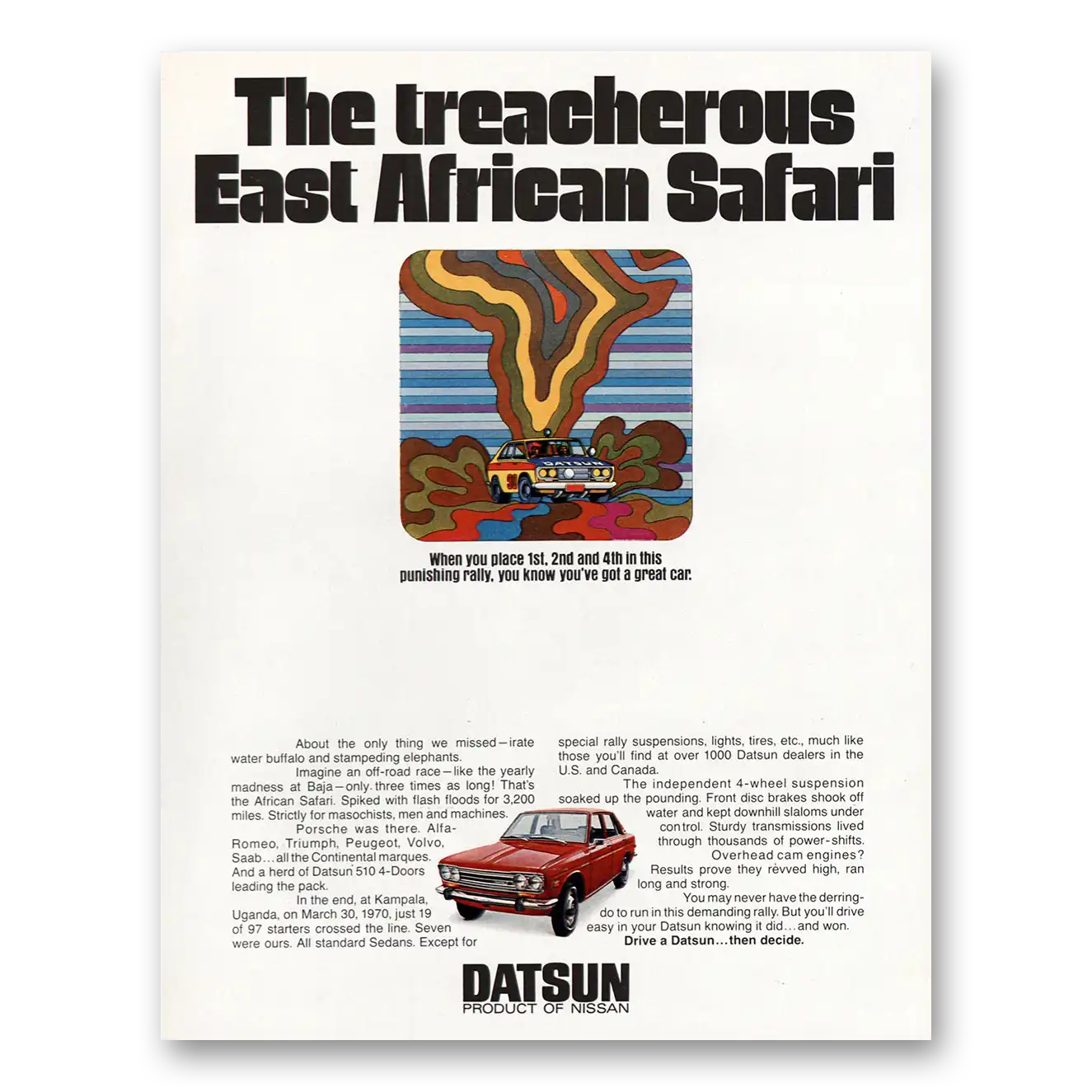 1971 Datsun Treacherous East African Safari Vintage Magazine Print Ad