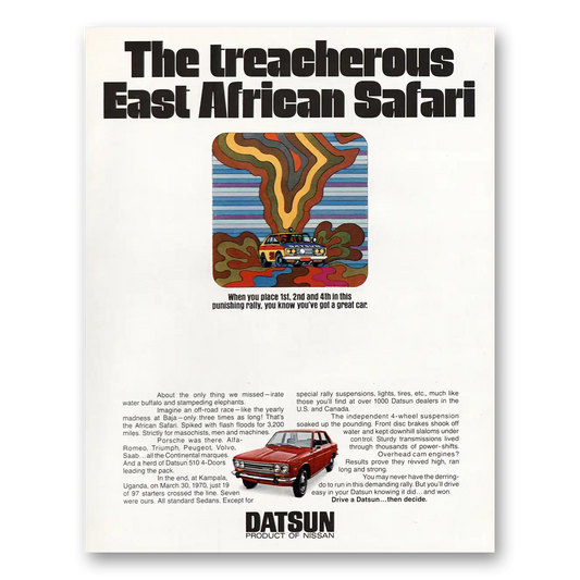 1971 Datsun Treacherous East African Safari Vintage Magazine Print Ad