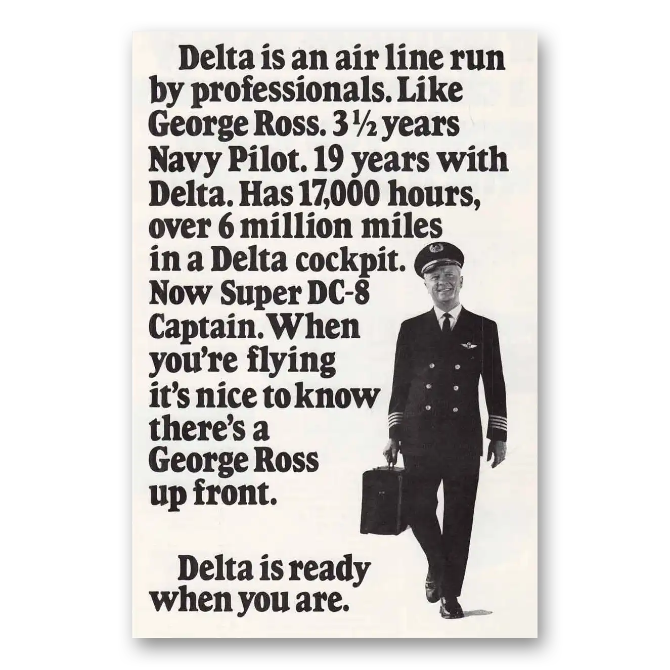 1971 Delta Air Lines George Ross Navy Pilot Super DC Vintage Magazine Print Ad