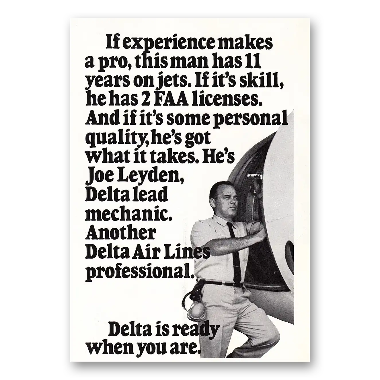 1971 Delta Air Lines Experience Makes a Pro Joe Leyden Vintage Magazine Print Ad