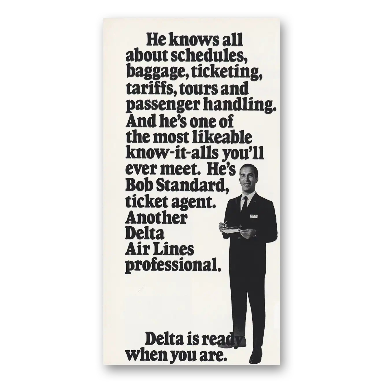 1971 Delta Air Lines Ticket Agent Bob Standard Vintage Magazine Print Ad