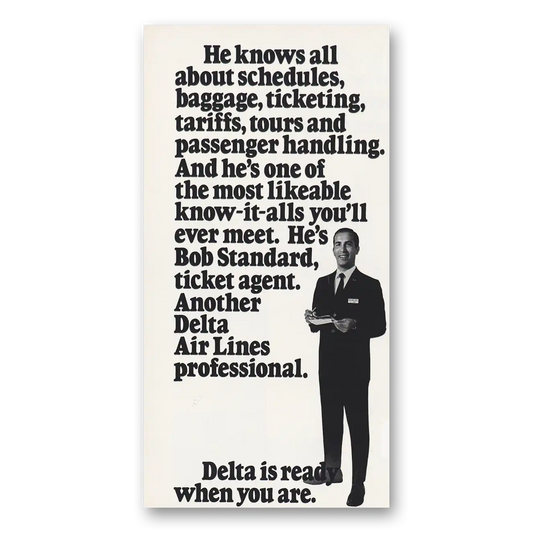 1971 Delta Air Lines Ticket Agent Bob Standard Vintage Magazine Print Ad