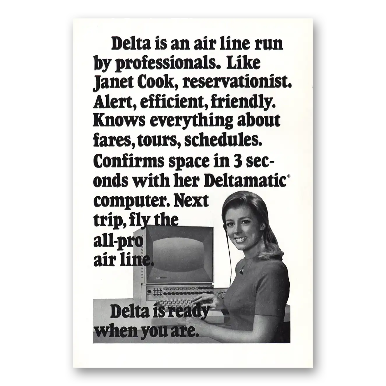 1971 Delta Air Lines Delamatic Computer Janet Cook Vintage Magazine Print Ad