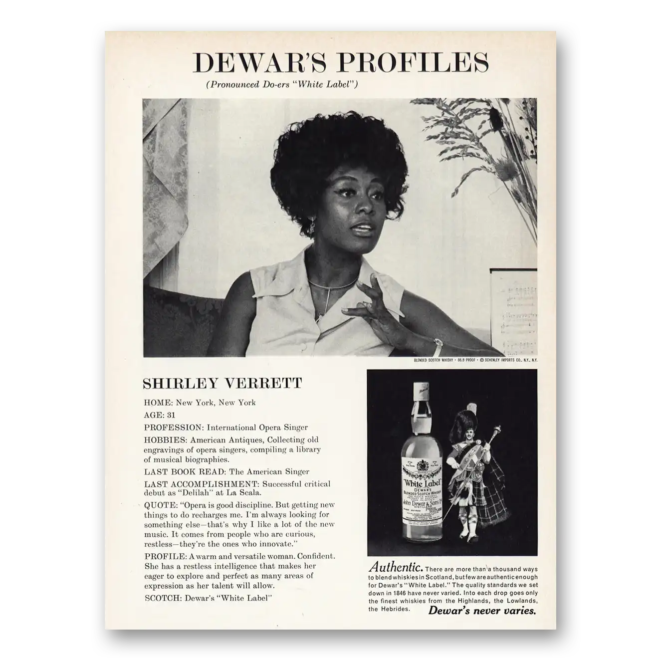 1971 Dewars White Label Shirley Verrett Vintage Magazine Print Ad