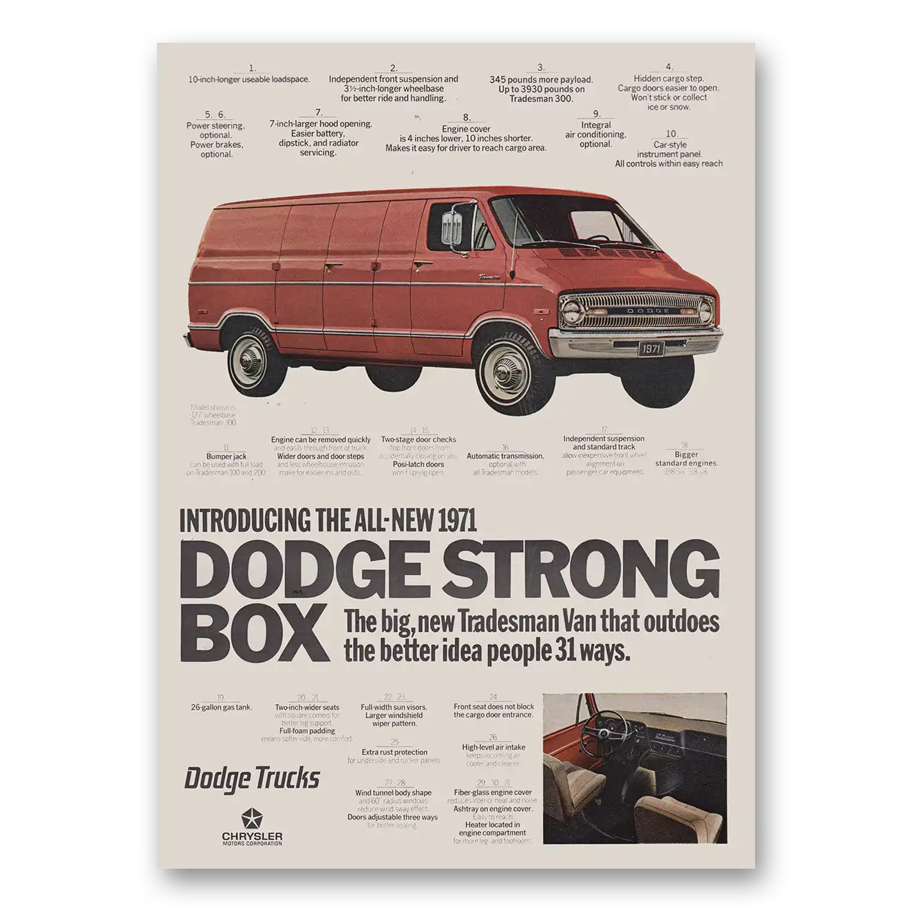 1970 Dodge Trucks Strong Box Van Tradesman Van Vintage Magazine Print Ad