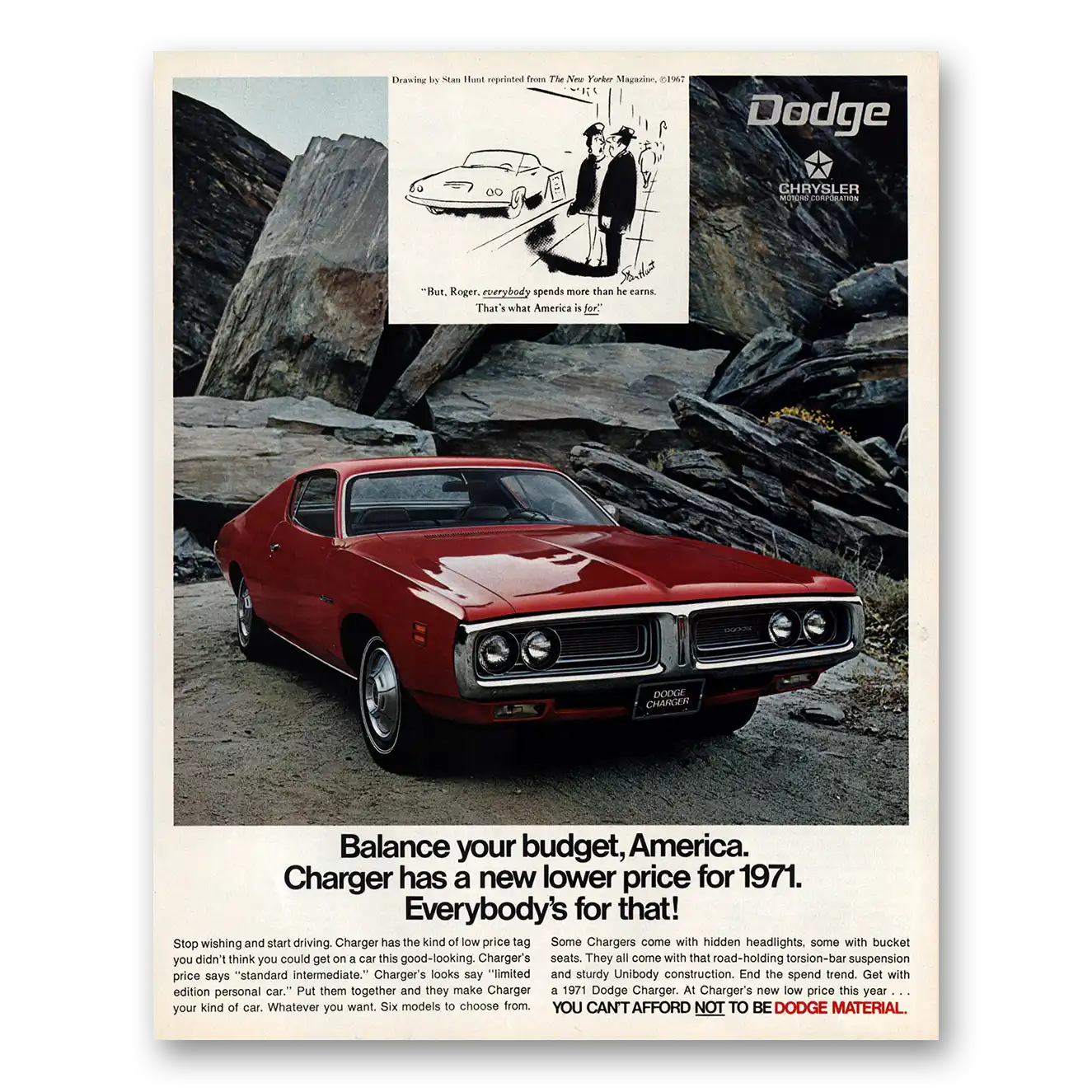 1970 Dodge Charger Balance Your Budget Vintage Magazine Print Ad